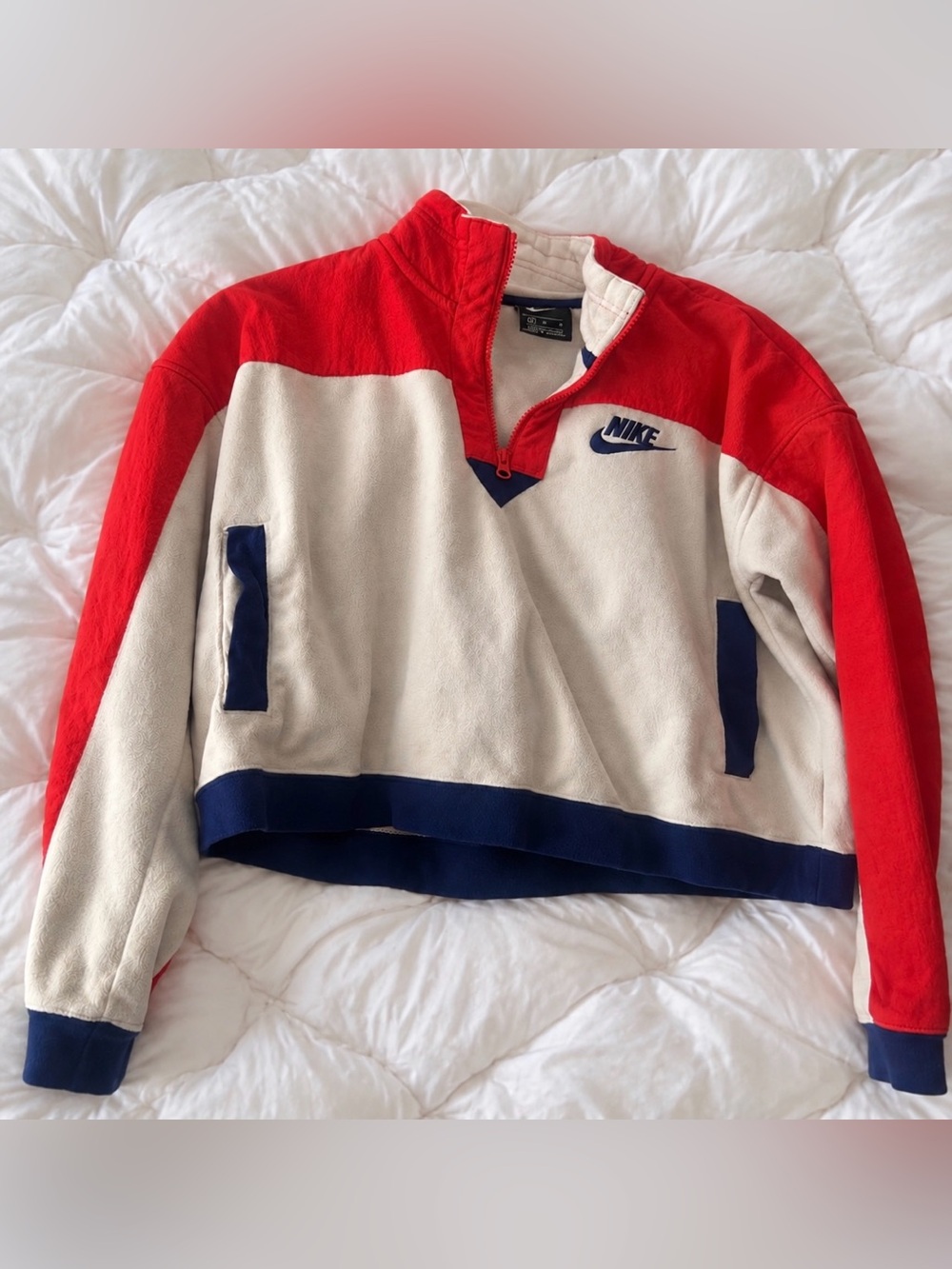 Vintage Nike Colorblock Cropped Fleece Quarter Zip Pullover Red Cream Navy M - Picture 2 of 4